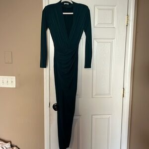 DARK GREEN ZACK TALL LONG SLEEVE LOW CUT SLIT DRESS